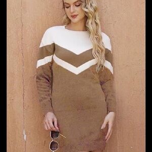 Knit Chevron Long Sleeve Sweater Dress in Brown and Cream